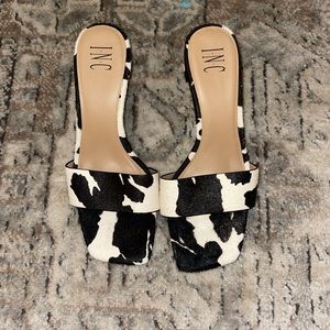 INC COW PRINT MULE SANDALS
